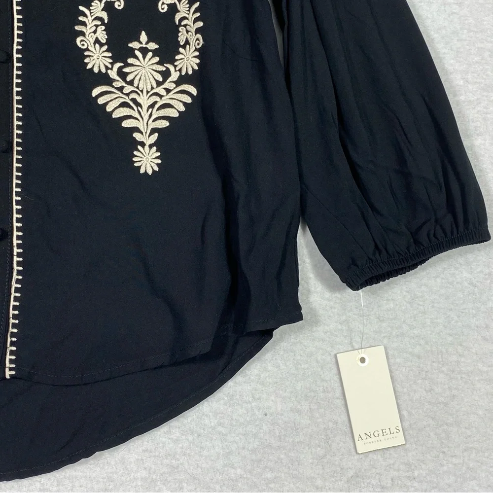 Angels Forever Young Boho Floral Blouse Women M Black Embroidered 3/4 Sleeve NWT - Picture 8 of 15